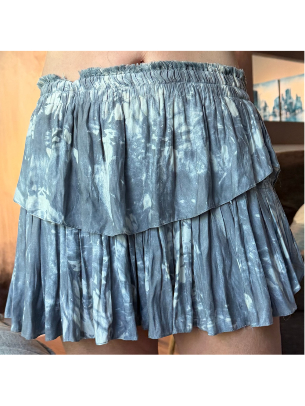 LoveShackFancy Tie-Dye Ruffled Mini Skirt Size Small Grey White Frayed Edges
